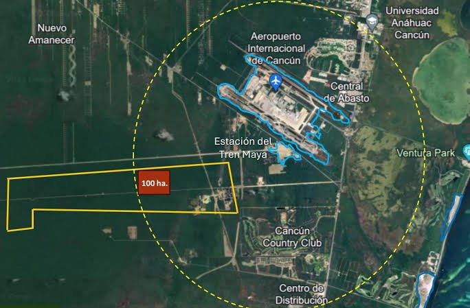Mapa de la ubicación del Distrito Financiero y Tecnológico de Cancún, cerca del Aeropuerto Internacional y la Estación del Tren Maya